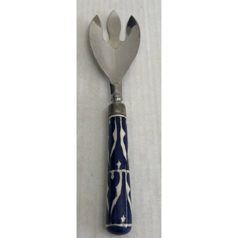 Handcrafted Ceramic Handle Blue And White Salad Serving Fork